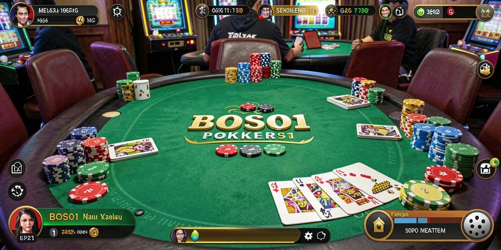 Screenshot gameplay BOS01 yang menunjukkan suasana permainan Poker.