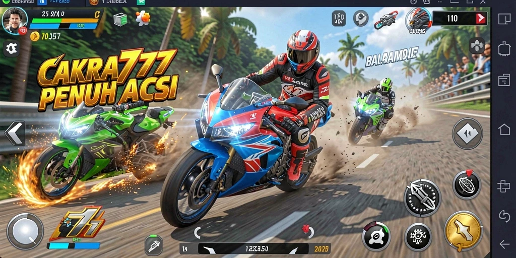 Tampilan gameplay menegangkan di CAKRA777 saat balapan motor.
