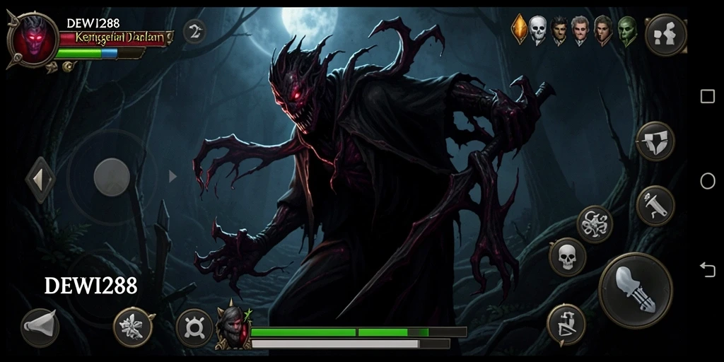 Screenshot gameplay DEWI288 menunjukkan suasana mencekam dan elemen horor.