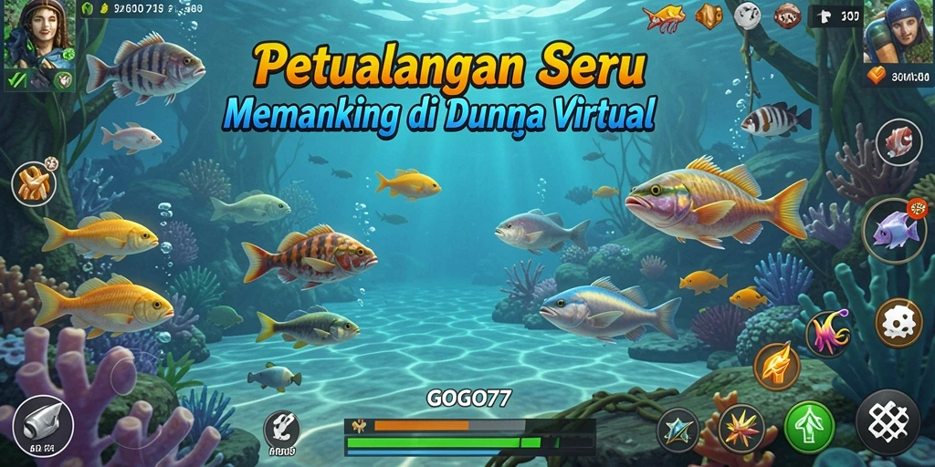 Screenshot GOGO77 menampilkan pemain yang menangkap ikan di lokasi memancing yang indah.
