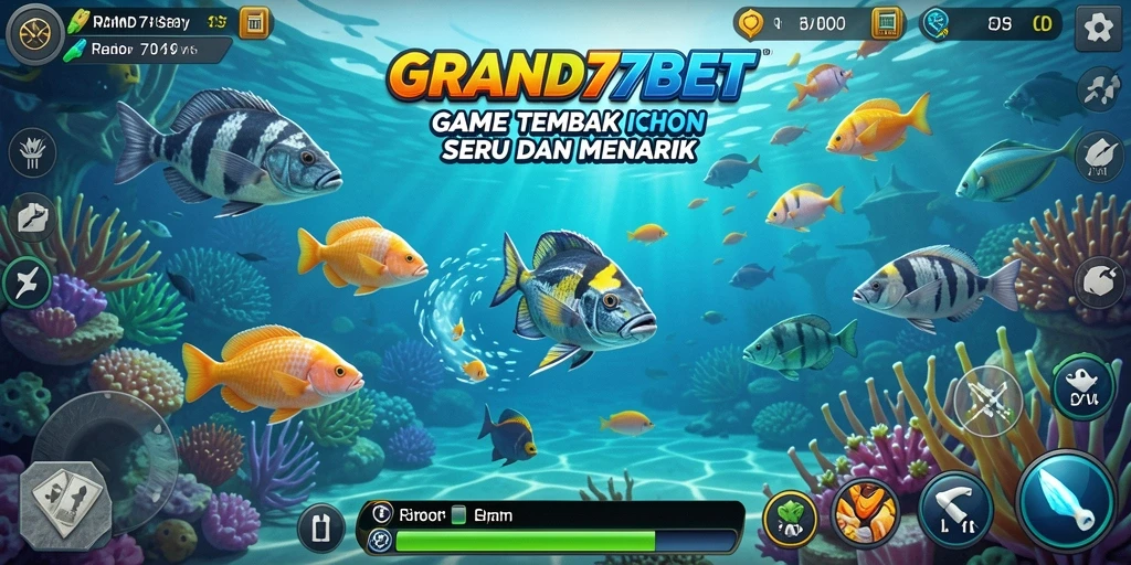 Screenshot gameplay GRAND77BET yang menampilkan aksi menembak ikan.
