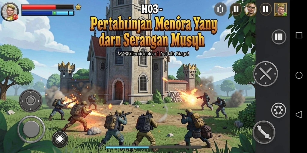 Tampilan gameplay H03 yang penuh aksi dalam pertahanan menara.