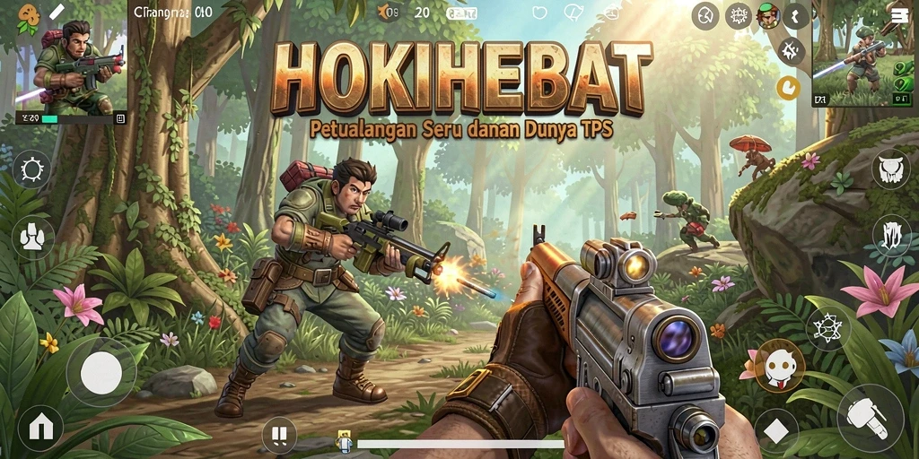 Tampilan gameplay seru HOKIHEBAT dengan aksi tembak-tembakan.