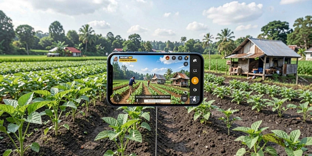 Tampilan gameplay INDOBIT88 dengan ladang yang subur dan tanaman hijau.