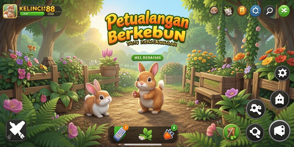 Screenshot gameplay KELINCI88 menampilkan kebun yang indah dengan berbagai tanaman.