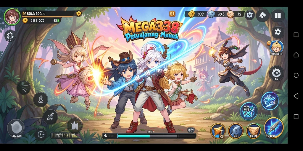 Screenshot gameplay MEGA338 menampilkan karakter anime yang aksi dan visual memukau.
