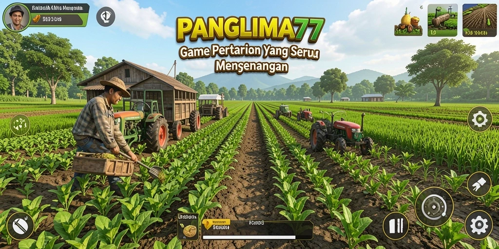 Tangkapan layar utama PANGLIMA77 menunjukkan suasana pertanian yang cerah dan interaktif.