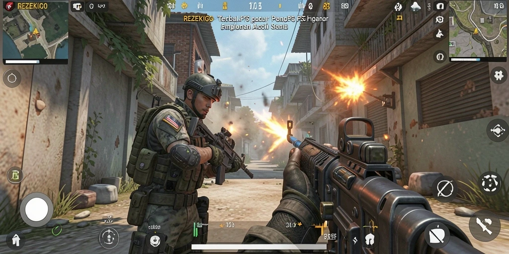 Tampilan gameplay menegangkan di REZEKIGO dengan aksi tembak-menembak.