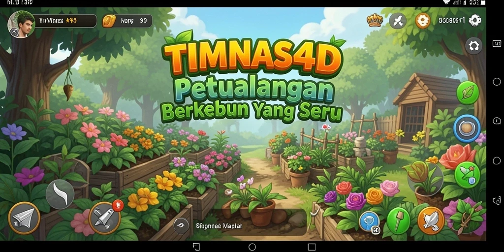 Tampilan utama gameplay TIMNAS4D dengan kebun yang subur dan berwarna-warni.